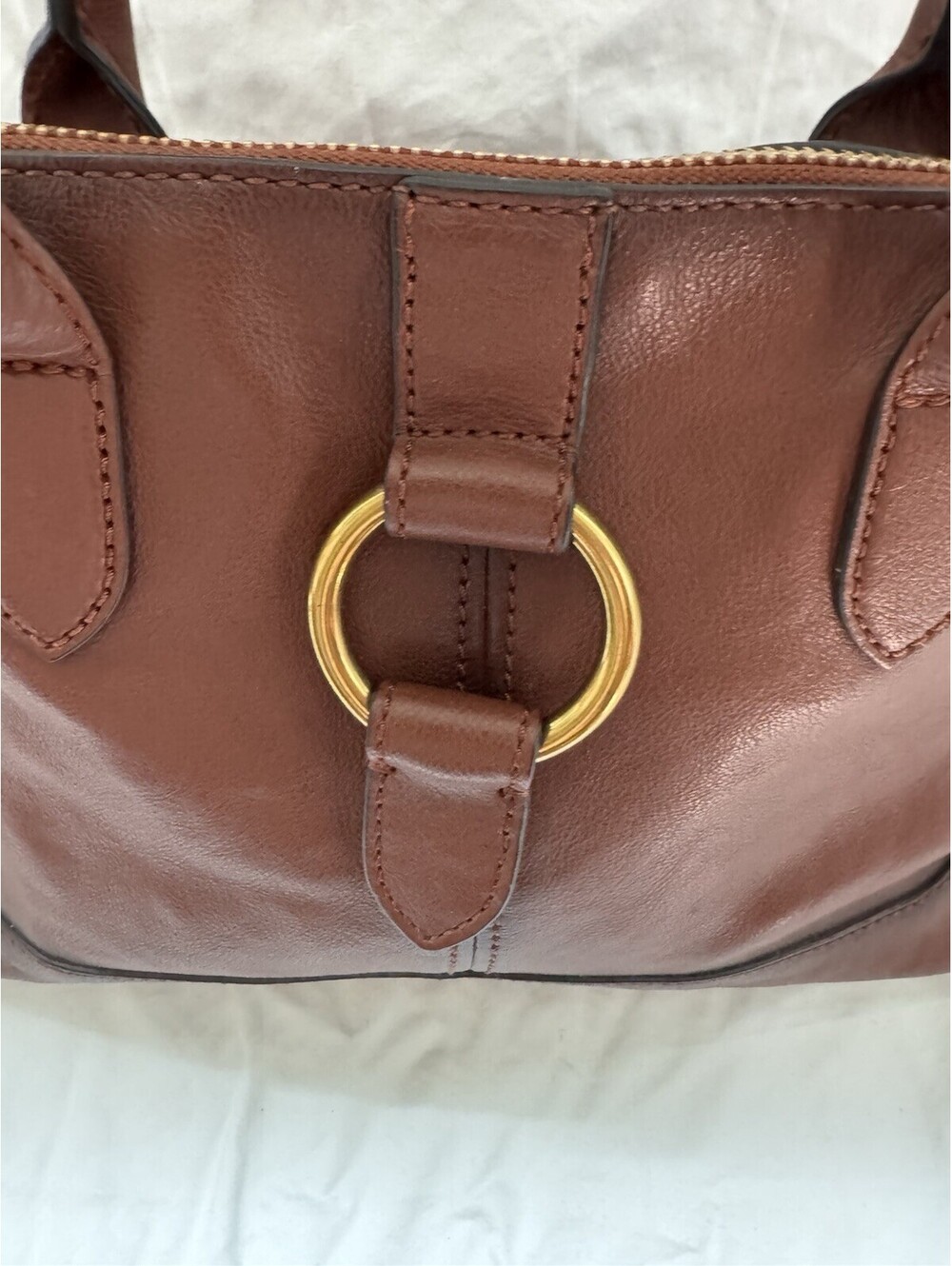 Frye Brown Ring Dome Satchel Top Handle Zip Bag Detachable Crossbody Strap - Picture 3 of 9